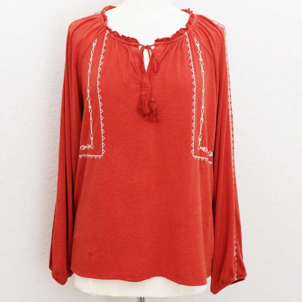 Garnet Hill Organic Cotton Tencel Blend Cross Stitch Embroidered Peasant Top M - Picture 14 of 14